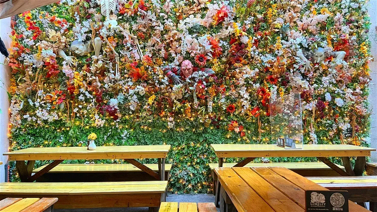 Picnic tables in front of a wall of fall flowers and Halloween decorations at Loreley Beer Garden