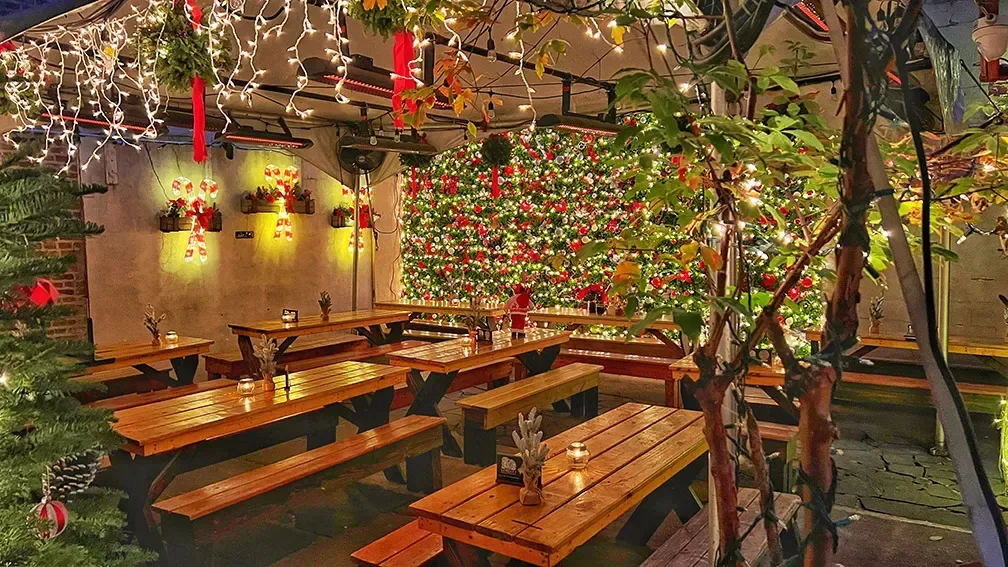 The garden in winter: a lit holiday flower wall over the picnic tables