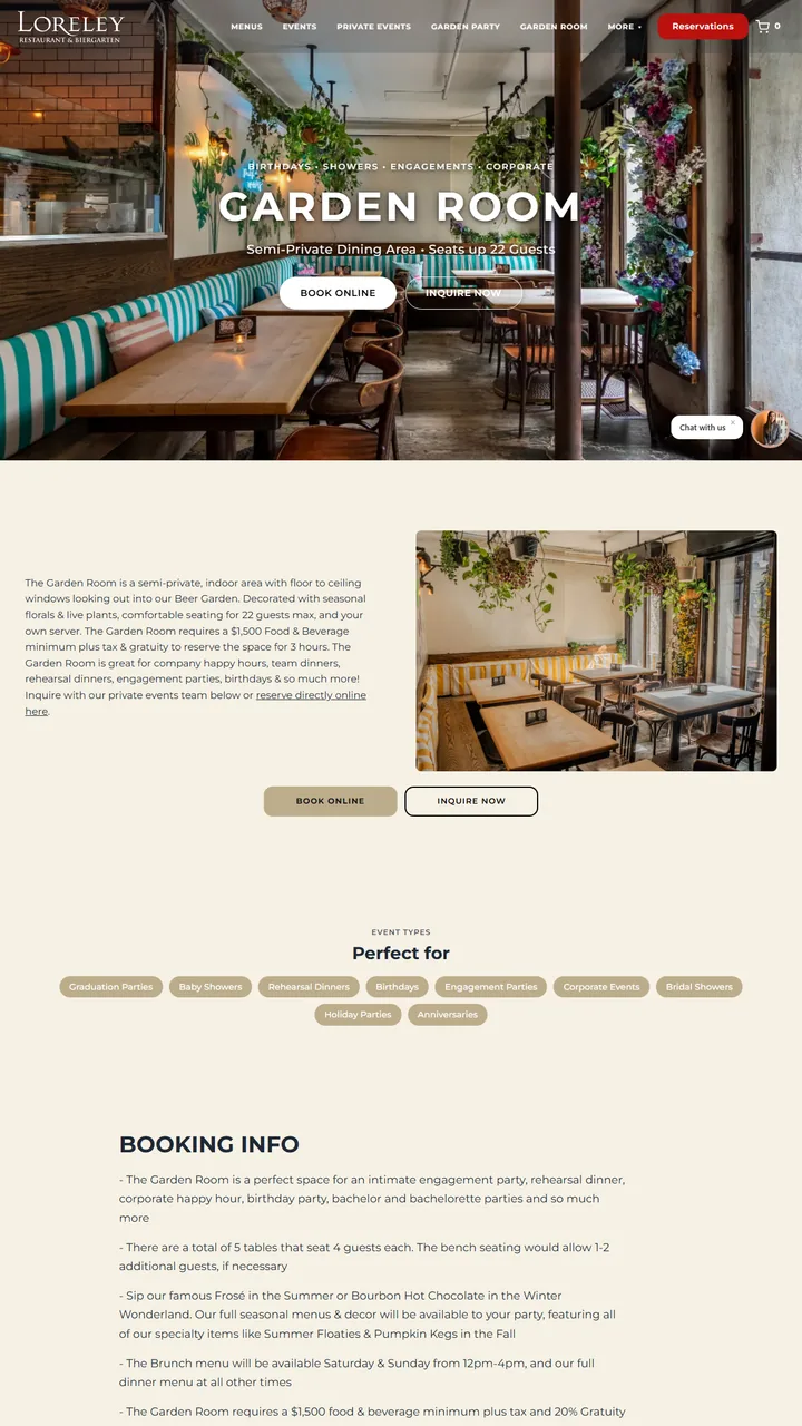 The Garden Room landing page: hero, room description and booking details