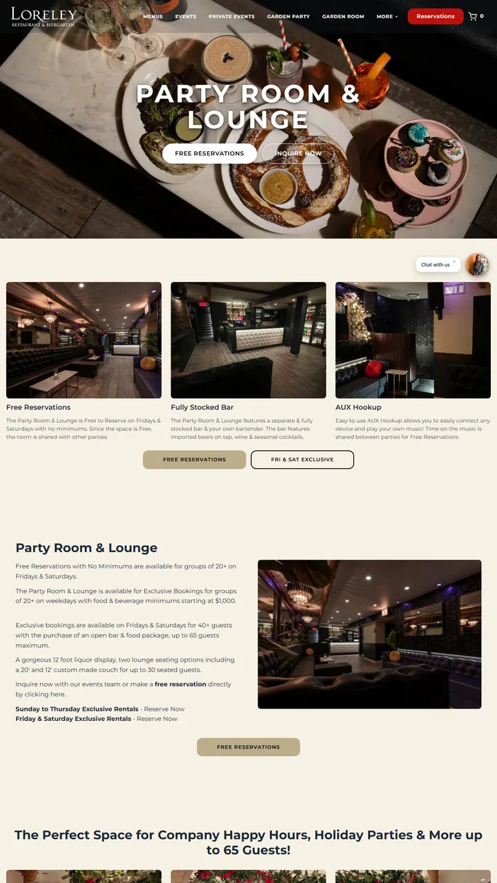 The Party Room & Lounge landing page: hero, the three room highlights and the room description