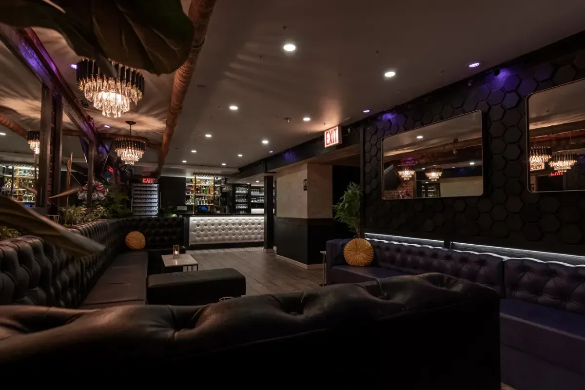The Party Room & Lounge: tufted couches, chandeliers and a private bar