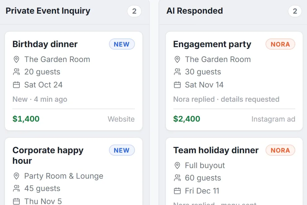 A demo Tableify board of private event leads, each card showing the event, room, guests, date, value and where it came from