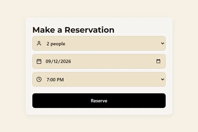 A Make a Reservation box asking for party size, date and time, with a Reserve button