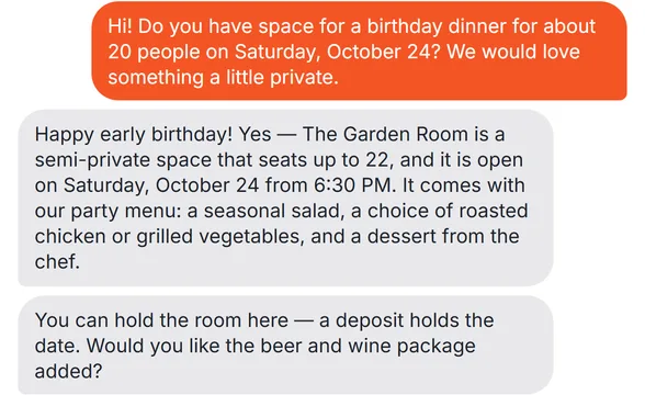 A demo conversation: a guest asks about a birthday dinner for about 20 on Saturday, October 24, and the reply offers the Garden Room, which seats up to 22, its party menu and a deposit to hold the date