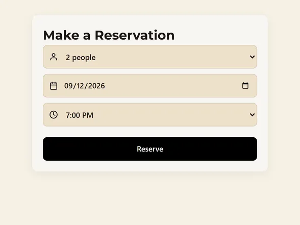 A Make a Reservation box set to 2 people, a date in September 2026 and 7:00 PM, above a black Reserve button