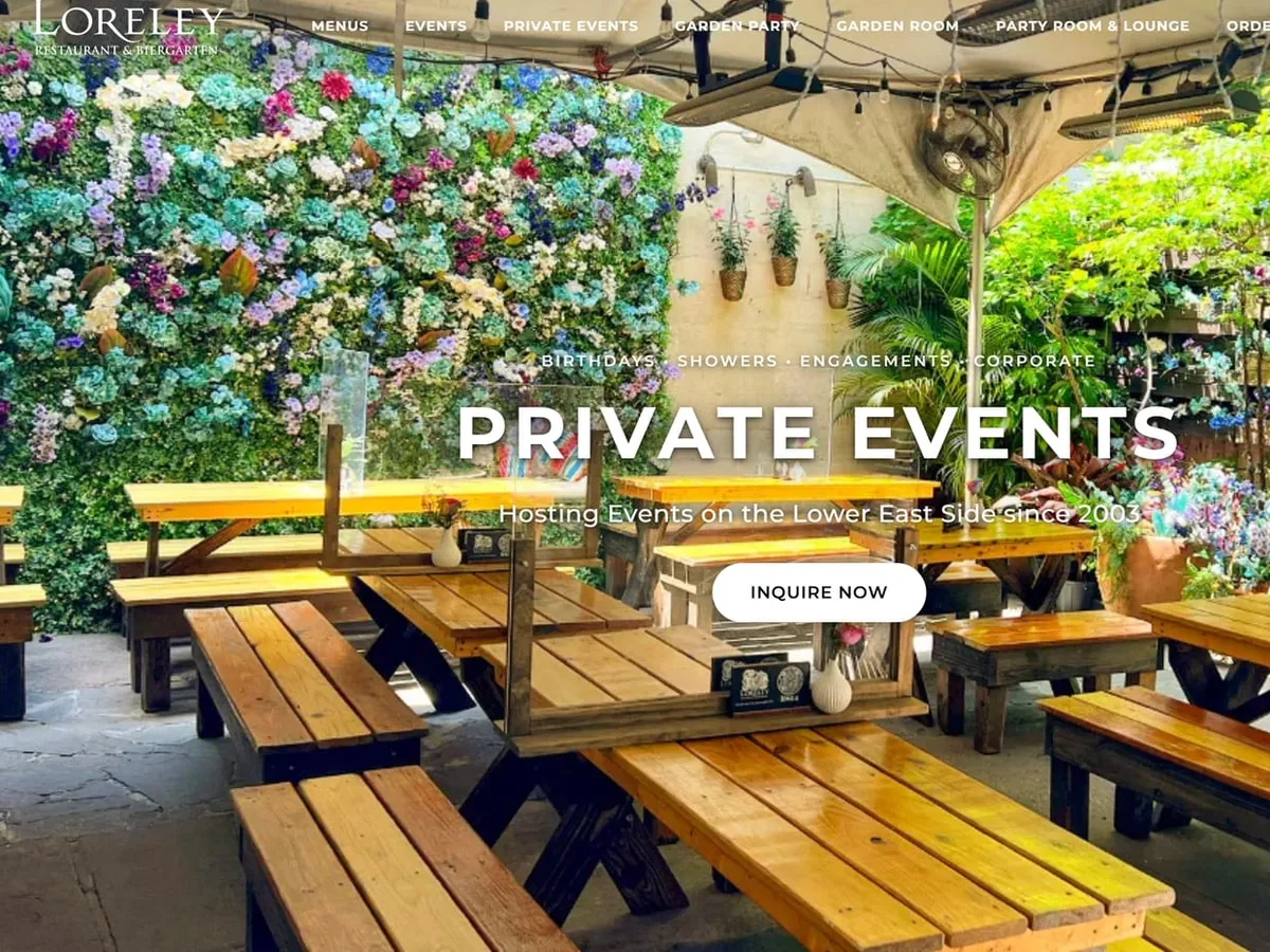The top of Loreley's private events page, with Birthdays, Showers, Engagements and Corporate above the heading and an Inquire now button