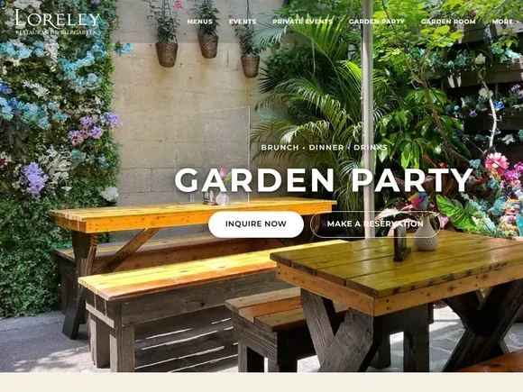 The top of Loreley's Garden Party page, with Inquire now and Make a reservation buttons over wooden picnic tables and a flower wall