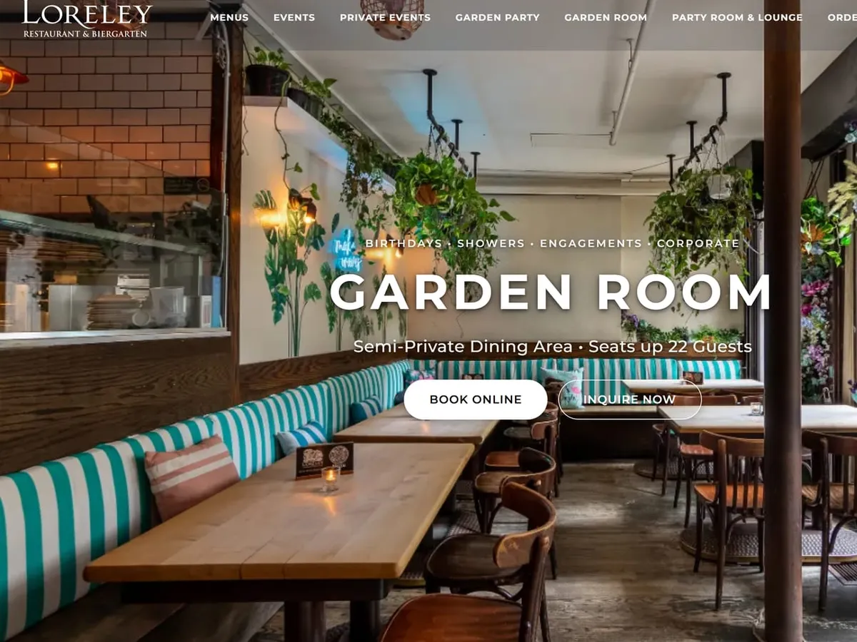 Loreley's Garden Room page, a semi-private room with striped banquettes, seating up to 22, with Book online and Inquire now buttons