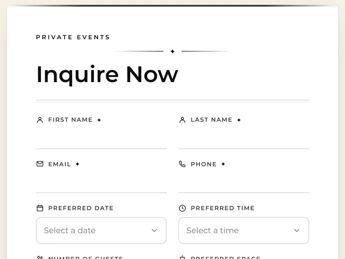 The Inquire Now form on Loreley Beer Garden's website, asking for first and last name, email, phone, preferred date and preferred time