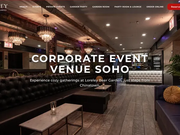 A Loreley Beer Garden page titled Corporate Event Venue SoHo, over a photo of its lounge with chandeliers and tufted leather banquettes