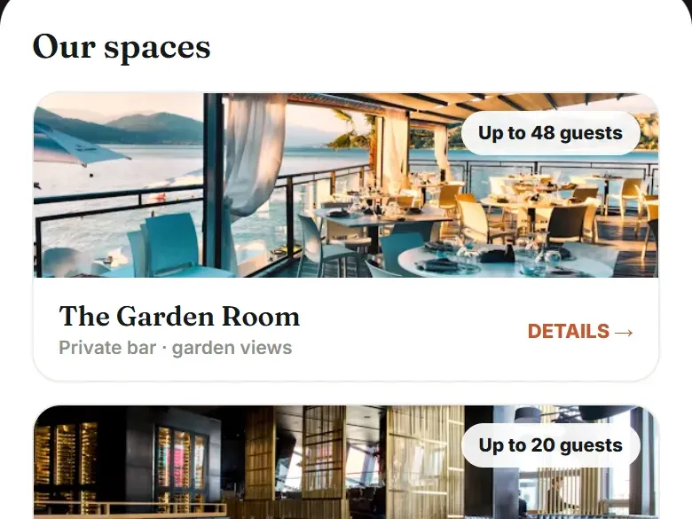 A sample private dining page with room cards marked Up to 48 guests and Up to 20 guests