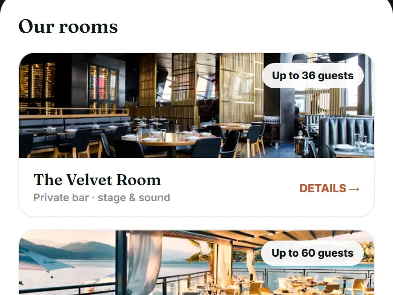 A sample supper club events page with room cards marked Up to 36 guests and Up to 60 guests