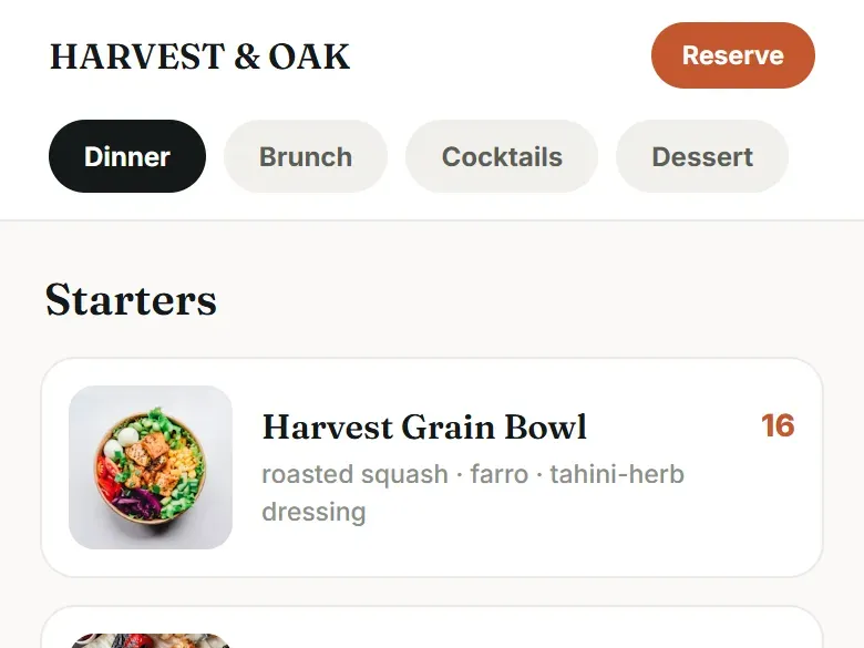 A sample menu page for a made-up restaurant with Dinner, Brunch, Cocktails and Dessert tabs, a Starters heading and a grain bowl with its photo and price
