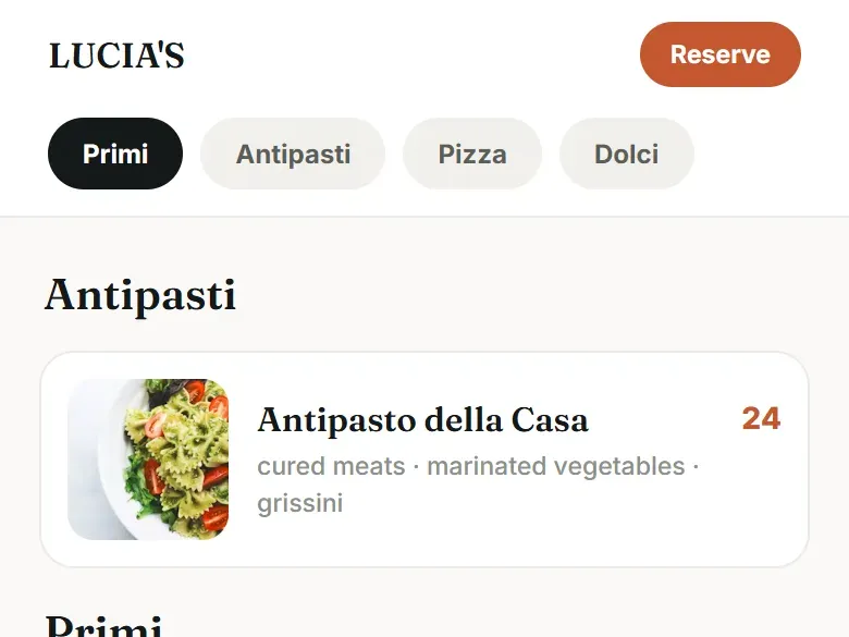 A sample Italian restaurant menu page with tabs for Primi, Antipasti, Pizza and Dolci and a first dish with its price