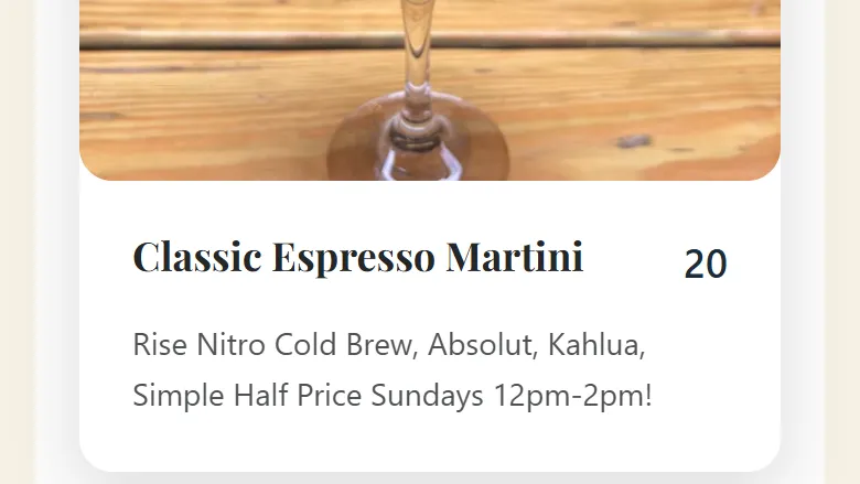 A menu card from Loreley Beer Garden for a Classic Espresso Martini, with a price of 20 and its ingredients written out