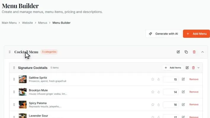 The Tableify menu editor showing sample cocktails, each with a photo, a short description and a price