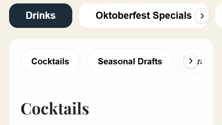 Tabs for Drinks and Oktoberfest Specials above buttons for the Cocktails and Seasonal Drafts sections