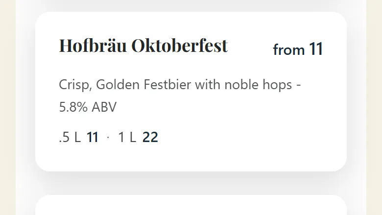 Two Oktoberfest beers on a menu, one at 12 and one from 11 with half liter and liter sizes