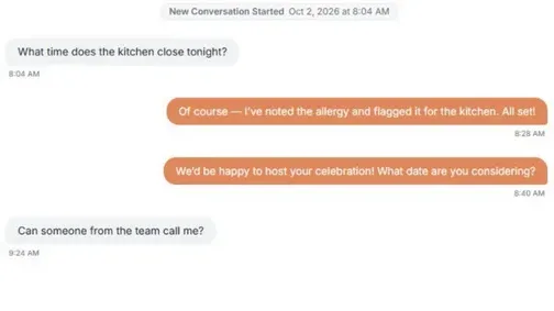 A conversation in the Tableify inbox with sample data: a guest's questions and two replies from Nora