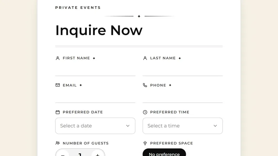 The Inquire Now form on Loreley Beer Garden's website, asking for name, contact, date, time, guests and preferred space