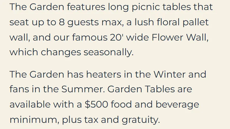 Text on Loreley's Garden Party page: long picnic tables that seat up to 8 guests, heaters in winter, fans in summer, and garden tables with a $500 food and beverage minimum plus tax and gratuity