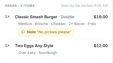 The items of one online order in Tableify with example data: a double smash burger with its options and a no pickles note, then two eggs over easy