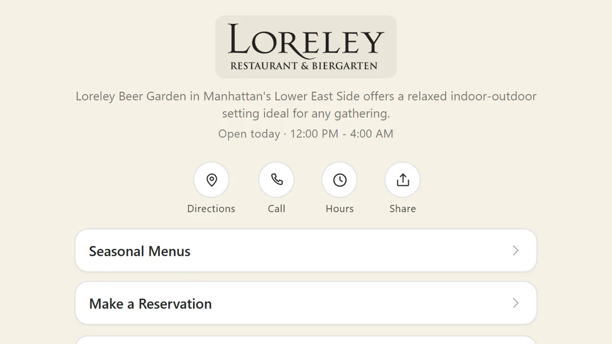 Loreley Beer Garden's bio page on a computer, with its logo, today's hours, quick buttons and rows for menus, reservations and rooms