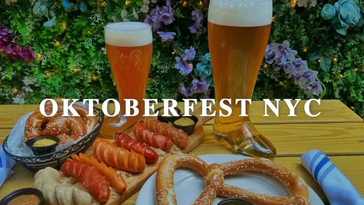 The Oktoberfest NYC event page on Loreley's Smart Site, with beers, pretzels and sausages on a picnic table
