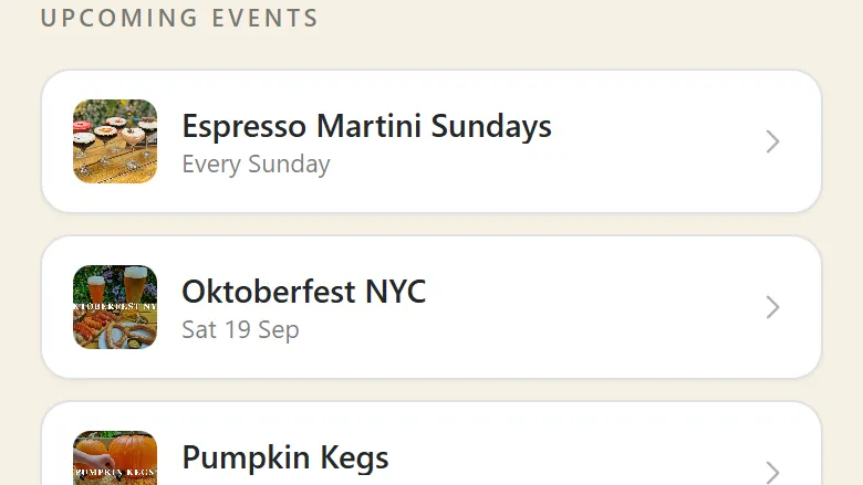 An Upcoming Events section with buttons for Espresso Martini Sundays, Oktoberfest NYC and Pumpkin Kegs, each with a small photo