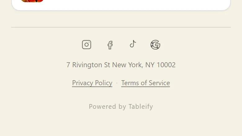 The footer of Loreley Beer Garden's Smart Site with Instagram, Facebook, TikTok and Google icons, its address, privacy and terms links and Powered by Tableify